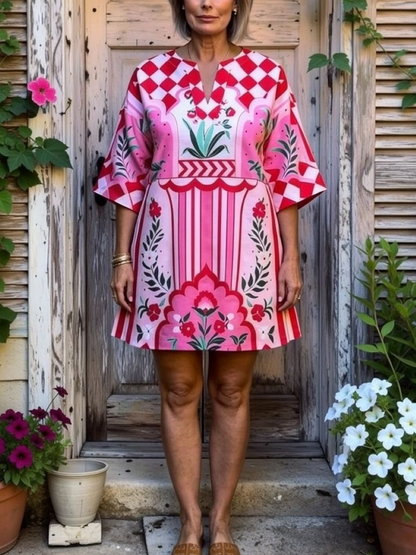Pink Red Mixed Print V Neck Loose Mini Dress