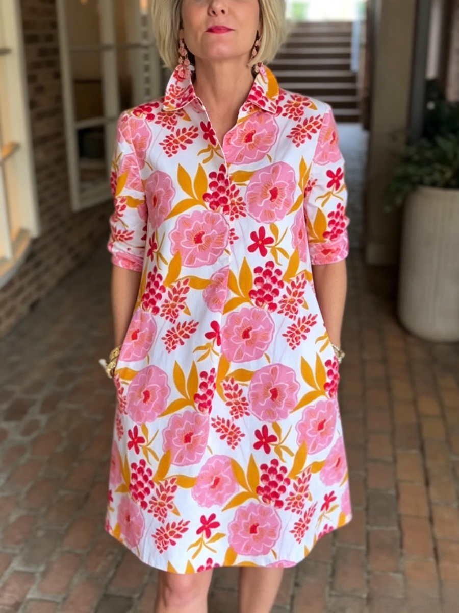 Watercolor Flower Print Loose Fit Collar Shift Dress