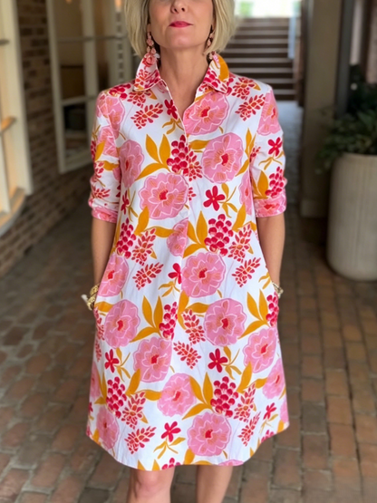 Watercolor Flower Print Loose Fit Collar Shift Dress