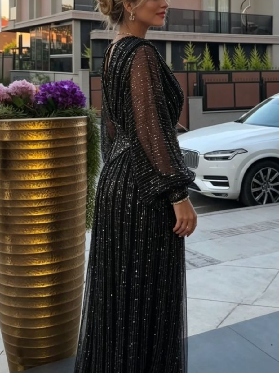 Black Sparkle Mesh Puff Sleeve Evening Maxi Dress
