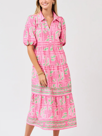Puff Sleeve Collared Button-Front Shirt Dress