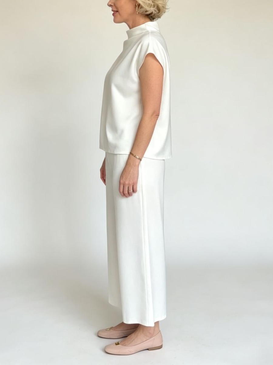 White Mock Neck Satin Two Piece Wide Leg Pant Set