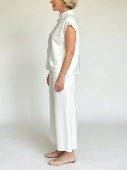 White Mock Neck Satin Two Piece Wide Leg Pant Set