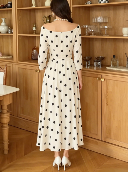 White Black Polka Dot Boat Neck Split Midi Dress