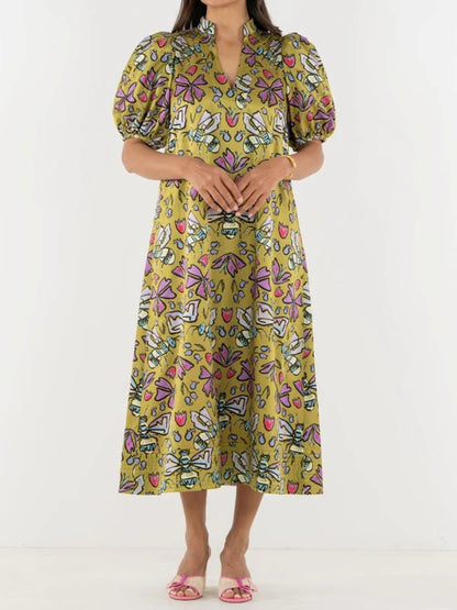Puff Sleeve V-Neck Whimsical Print Dress