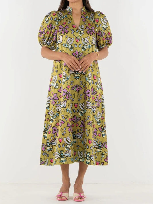 Puff Sleeve V-Neck Whimsical Print Dress