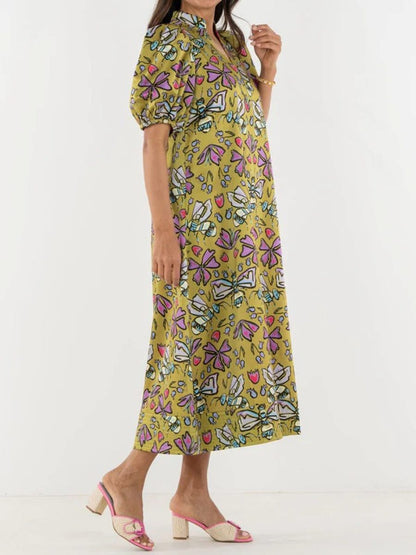 Puff Sleeve V-Neck Whimsical Print Dress