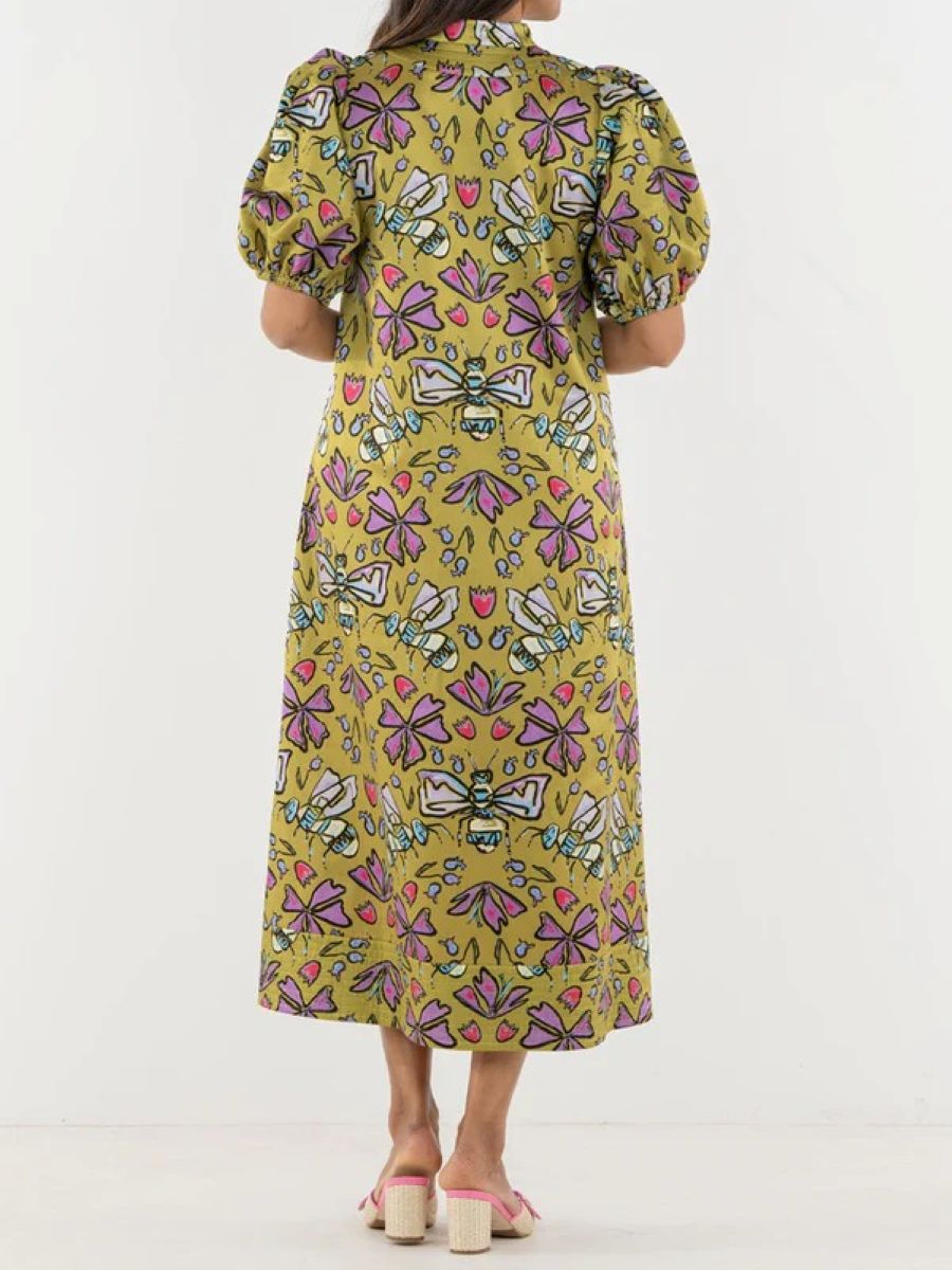 Puff Sleeve V-Neck Whimsical Print Dress