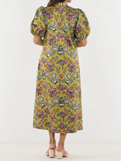 Puff Sleeve V-Neck Whimsical Print Dress