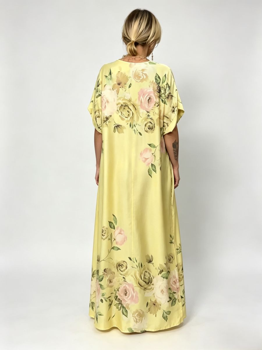 Yellow Floral V Neck Satin Maxi Kaftan Dress