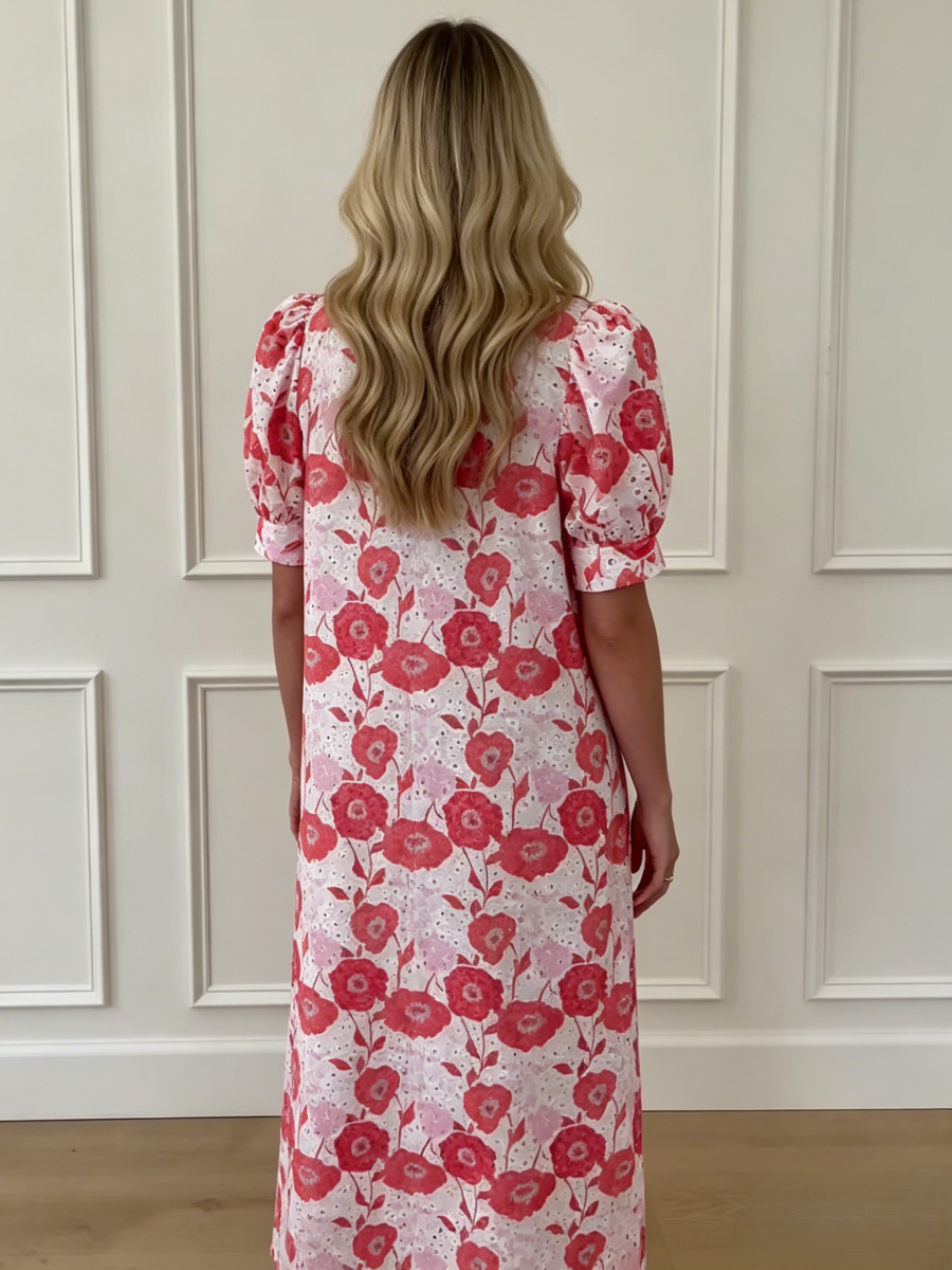 Red Pink Floral Eyelet Puff Sleeve Midi Shirt Dress