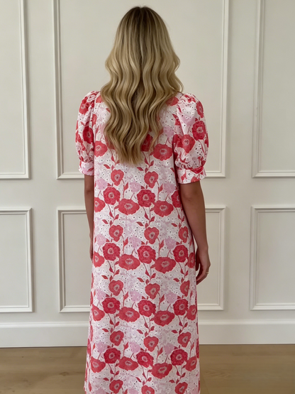 Red Pink Floral Eyelet Puff Sleeve Midi Shirt Dress