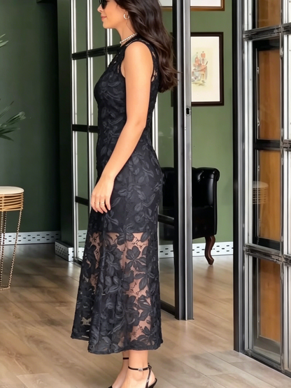 Black Floral Lace Midi Dress