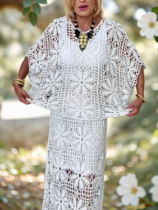 White Crochet Floral Lace 2 Piece Maxi Set