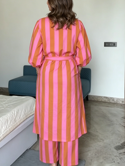 Striped Puff Sleeve Midi Tunic & Straight Pant Co Ord Set