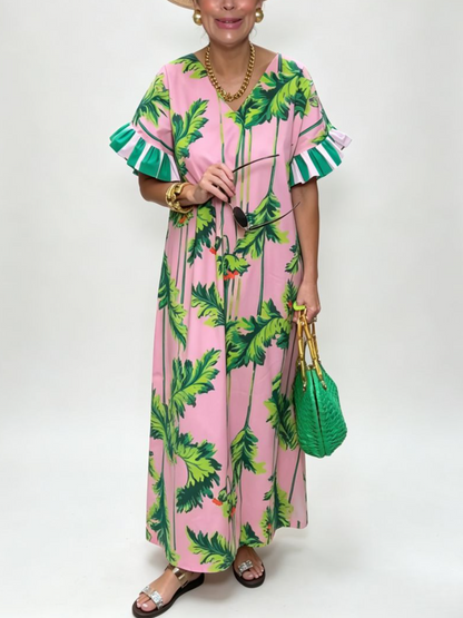 Pink Tropical Print Ruffle Sleeve Maxi Caftan Dress
