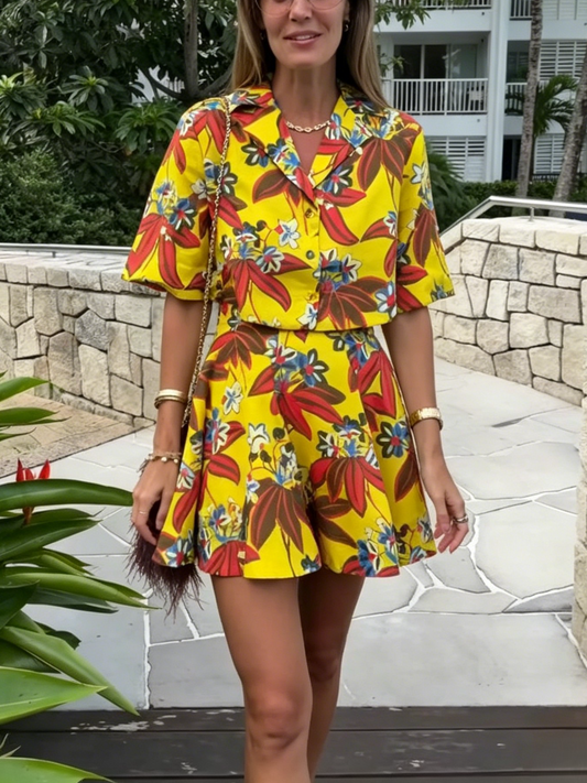 Tropical Print Puff Sleeve Crop Top Flared Short Set