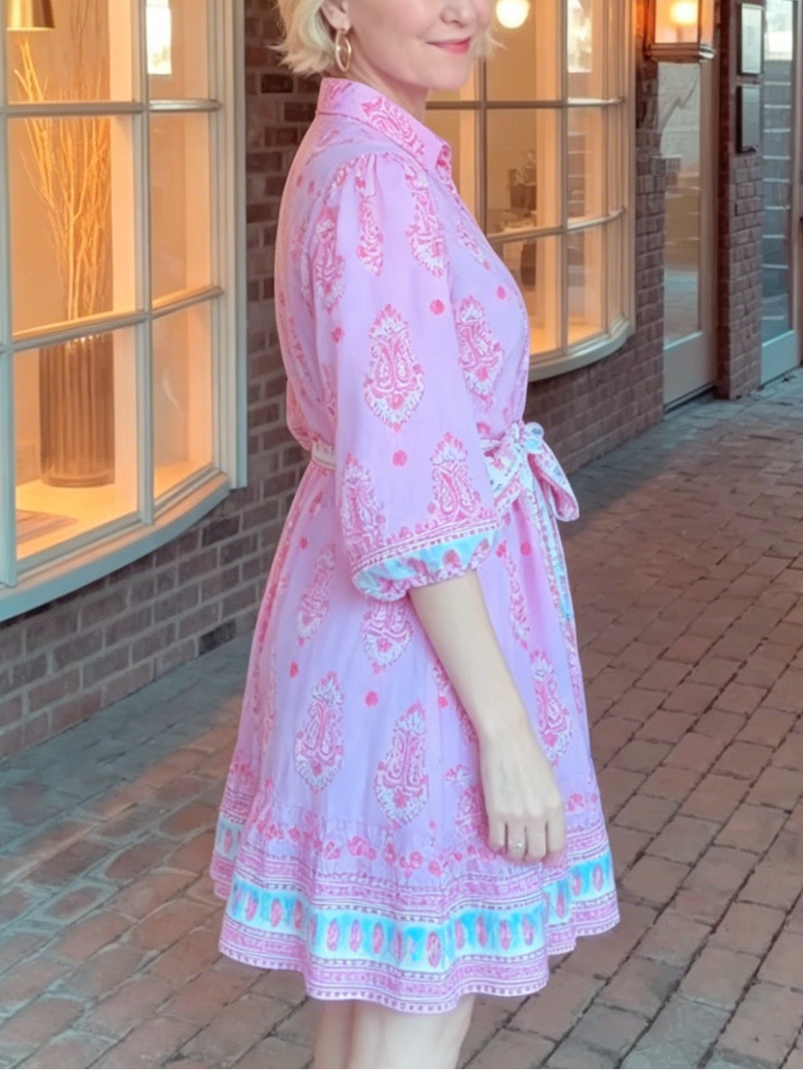 Boho Border Print Tie Waist Short Sleeve Shirt Mini Dress