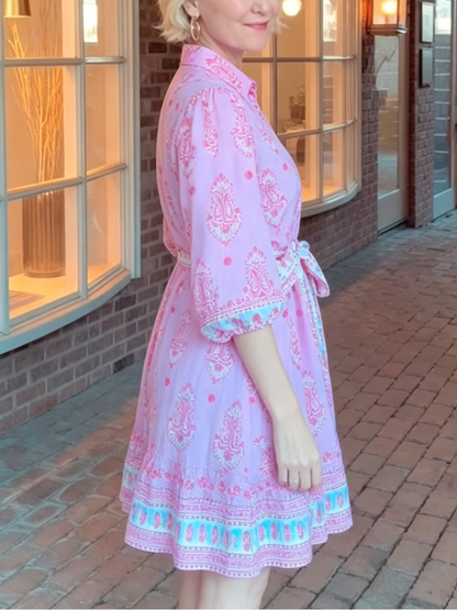 Boho Border Print Tie Waist Short Sleeve Shirt Mini Dress