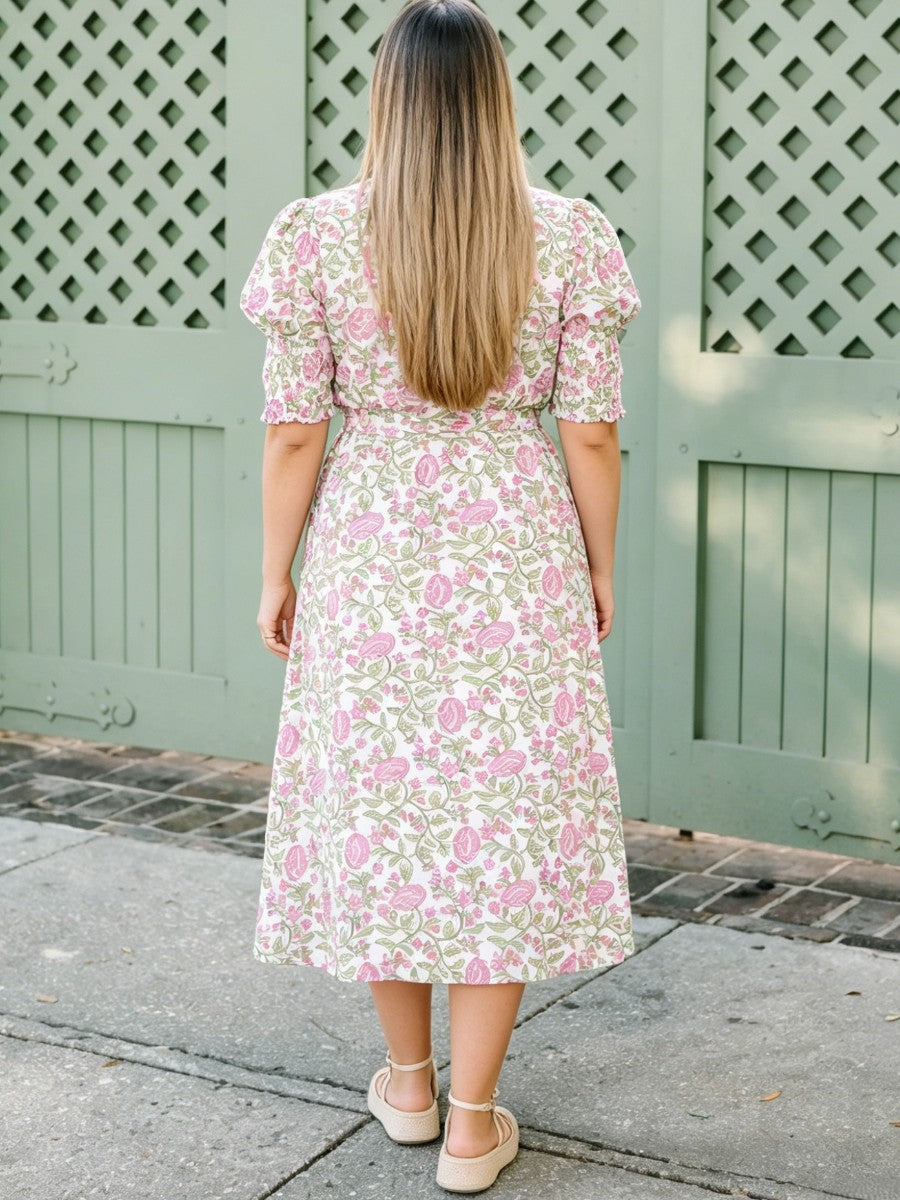 Pink Floral Print Belted Midi Shirt Dress
