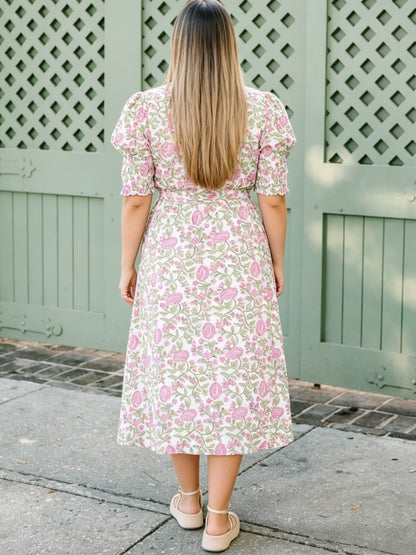 Pink Floral Print Belted Midi Shirt Dress