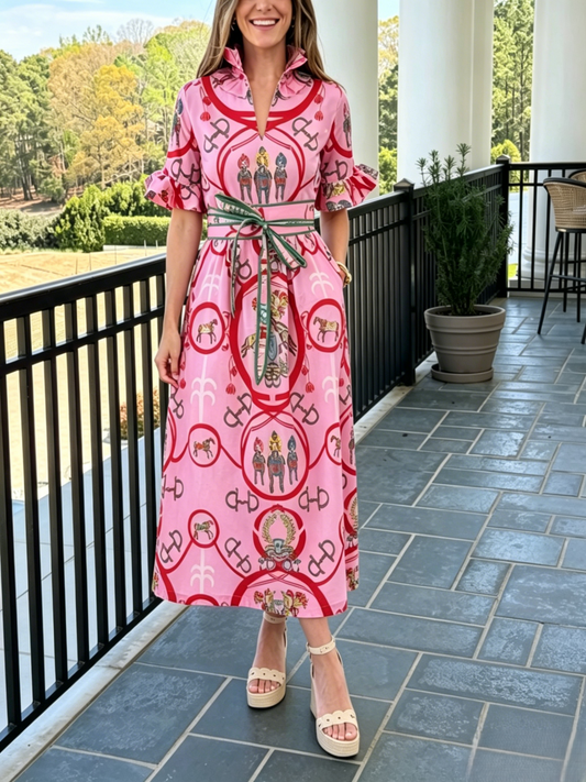 Pink Equestrian Print Ruffle Neck Midi Dress