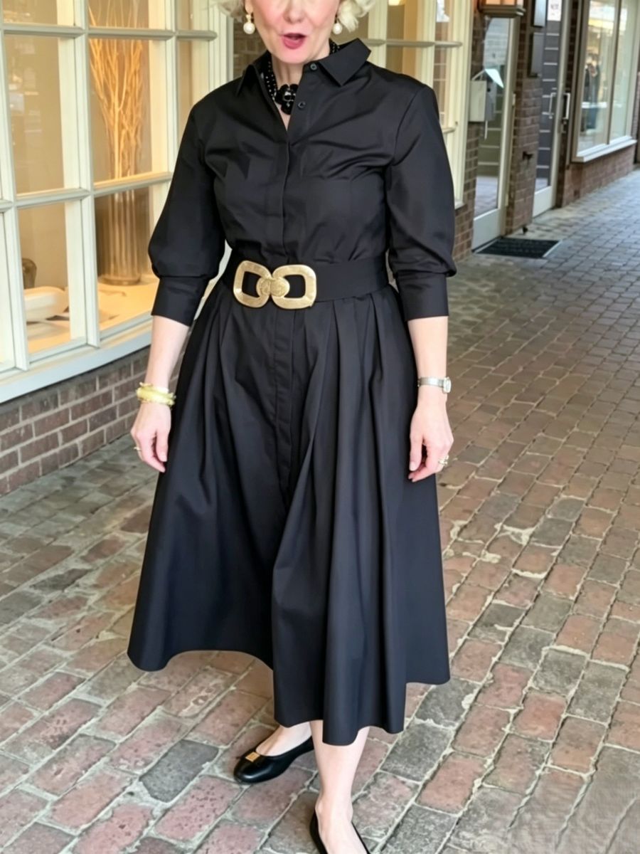 Black Belted Collared Midi Shirt Dress