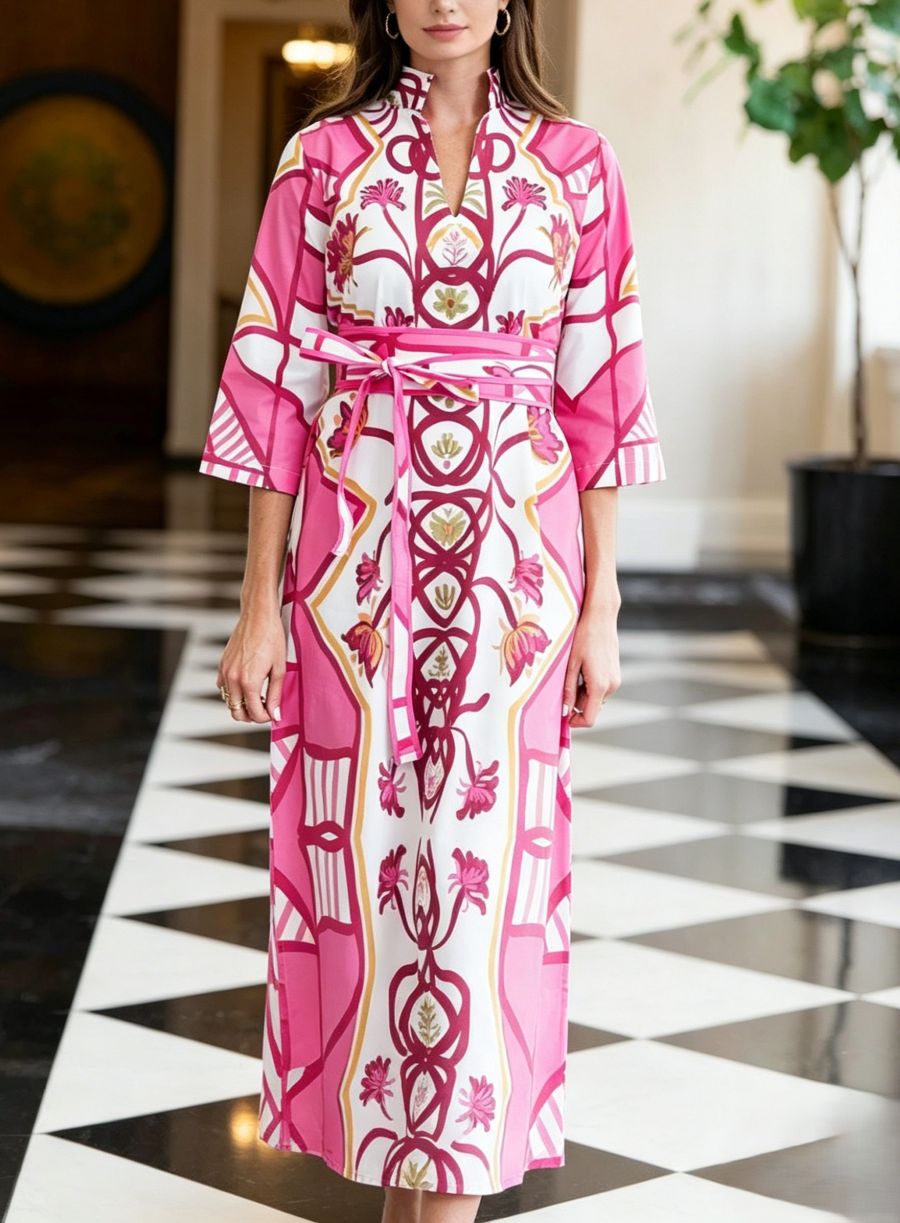 Boho Pink Print 3/4 Sleeve Maxi Caftan