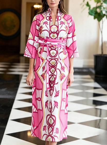 Boho Pink Print 3/4 Sleeve Maxi Caftan