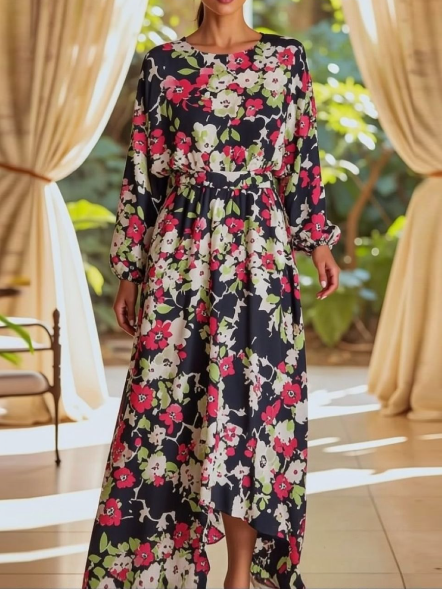 Puff Sleeve Colorful Floral Satin Midi Dress