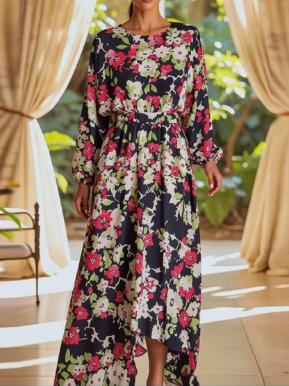 Puff Sleeve Colorful Floral Satin Midi Dress