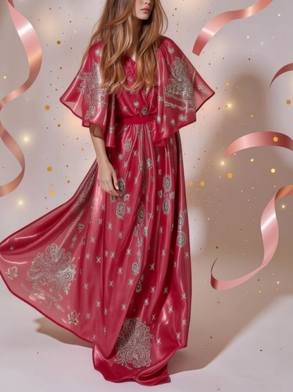 Red Metallic Paisley Print Maxi Dress