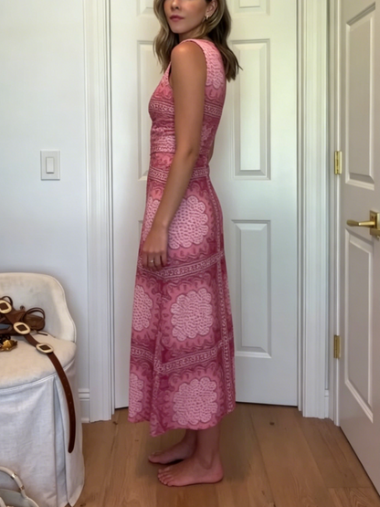 Retro Pink Paisley Print Sleeveless Midi Dress