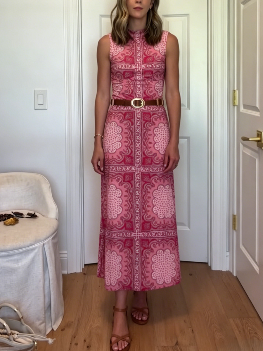 Retro Pink Paisley Print Sleeveless Midi Dress