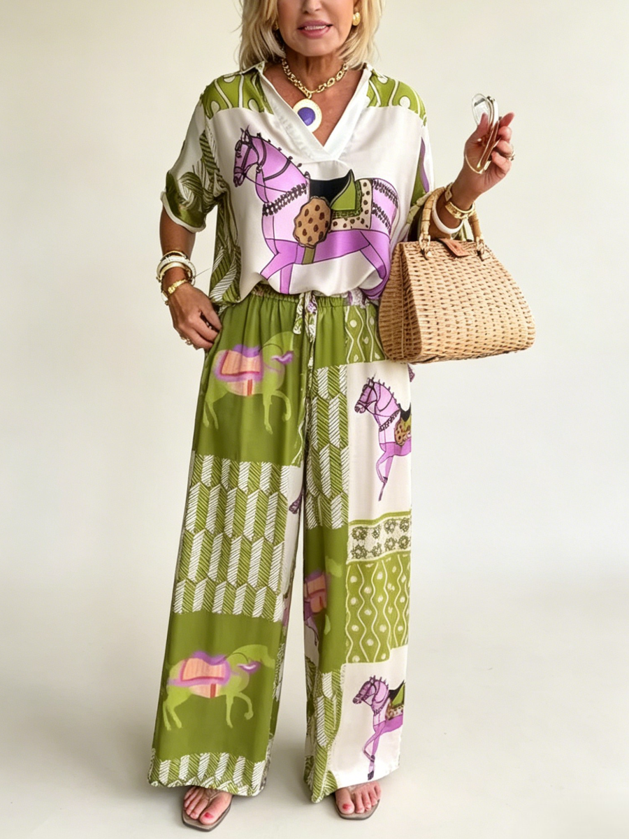 Equestrian Horse Print Satin Matching Two Piece Lounge Set Top & Palazzo Pants