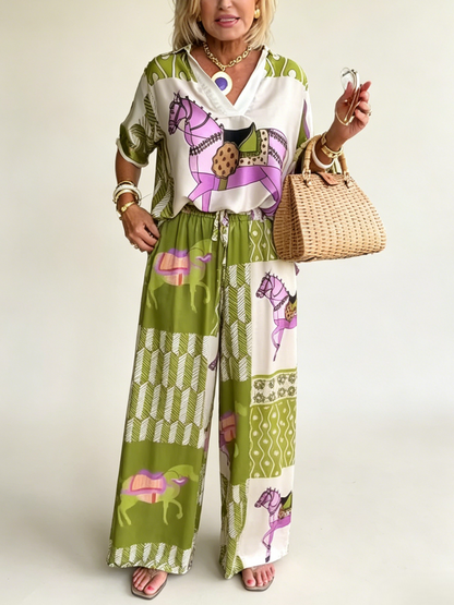 Equestrian Horse Print Satin Matching Two Piece Lounge Set Top & Palazzo Pants