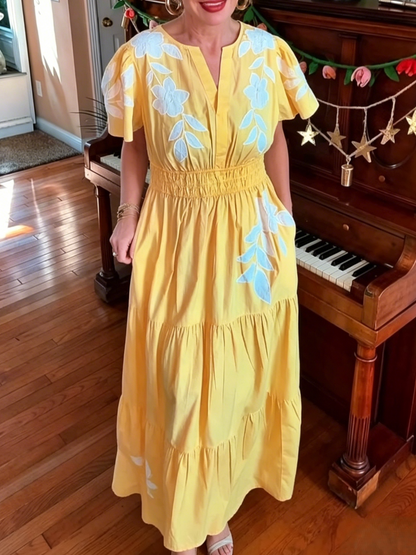 Bohemian Yellow Floral Embroidered Maxi Dress