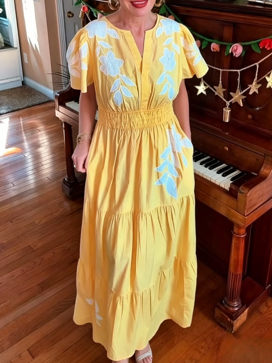 Bohemian Yellow Floral Embroidered Maxi Dress