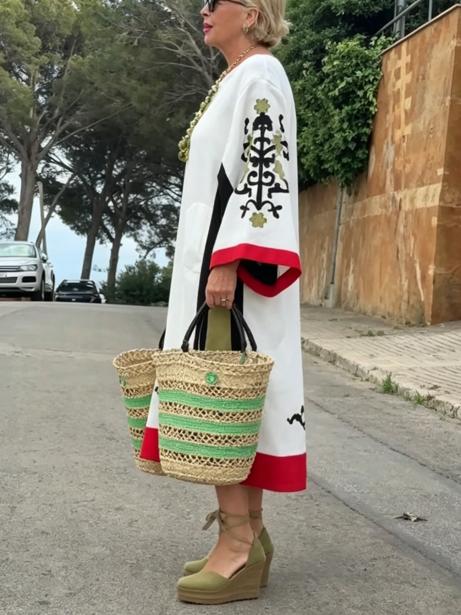 Boho Embroidered Color Block Kaftan Beach Midi Dress