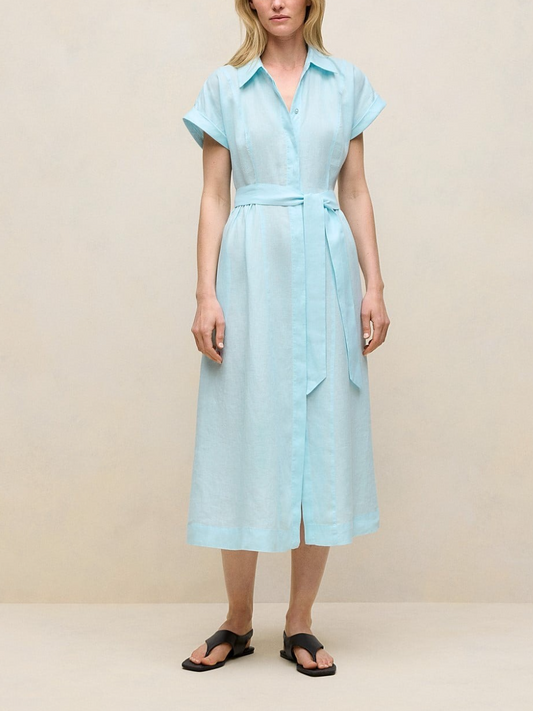 Sky Blue Linen Belted Shirt Dress