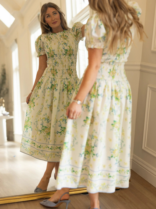 Green Floral Print Smocked Midi Dress