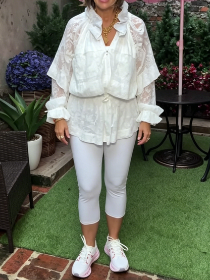 Boho Clear Lace Ruffle Shirt Cropped Pants Co Ord Set