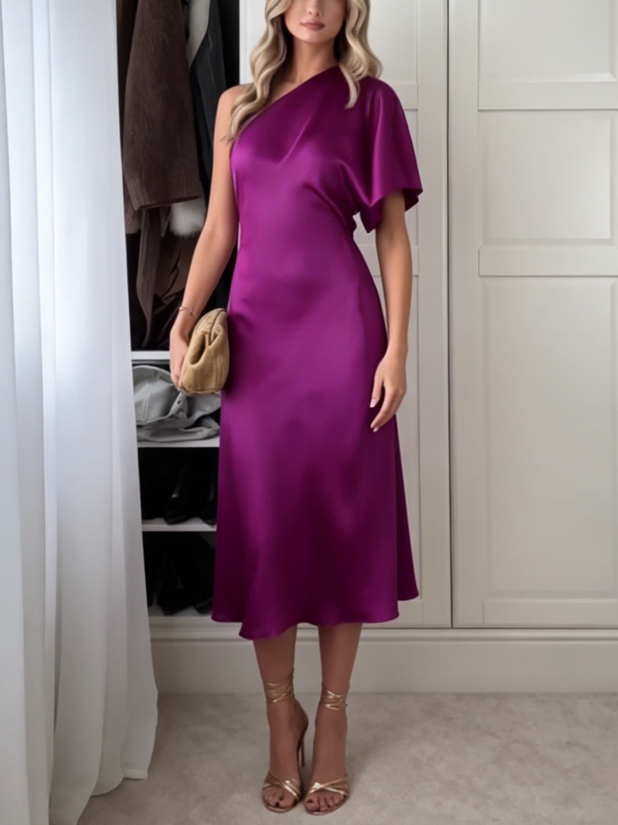 Purple Asymmetrical One-Shoulder Satin Dress