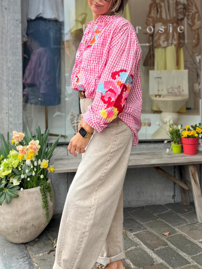 Premium Pink Gingham Embroidered Blouse