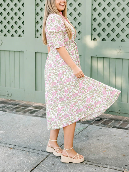 Pink Floral Print Belted Midi Shirt Dress