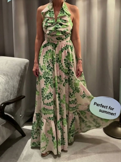 Halter Ruffle Green Leaf Print Maxi Dress