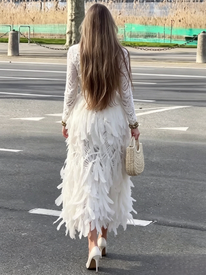 Ethereal White Lace & Feather Midi Dress