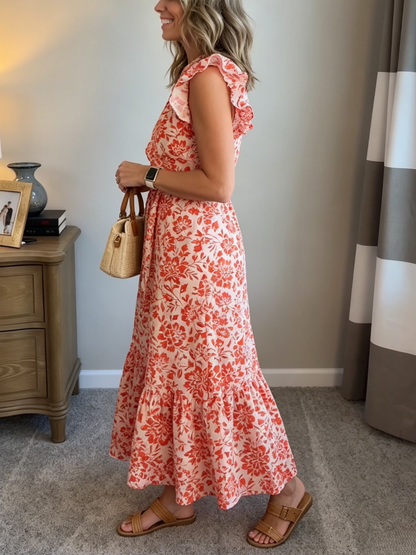 Pink Base Red Flower Flutter Sleeve Ruffle Hem Midi Dress