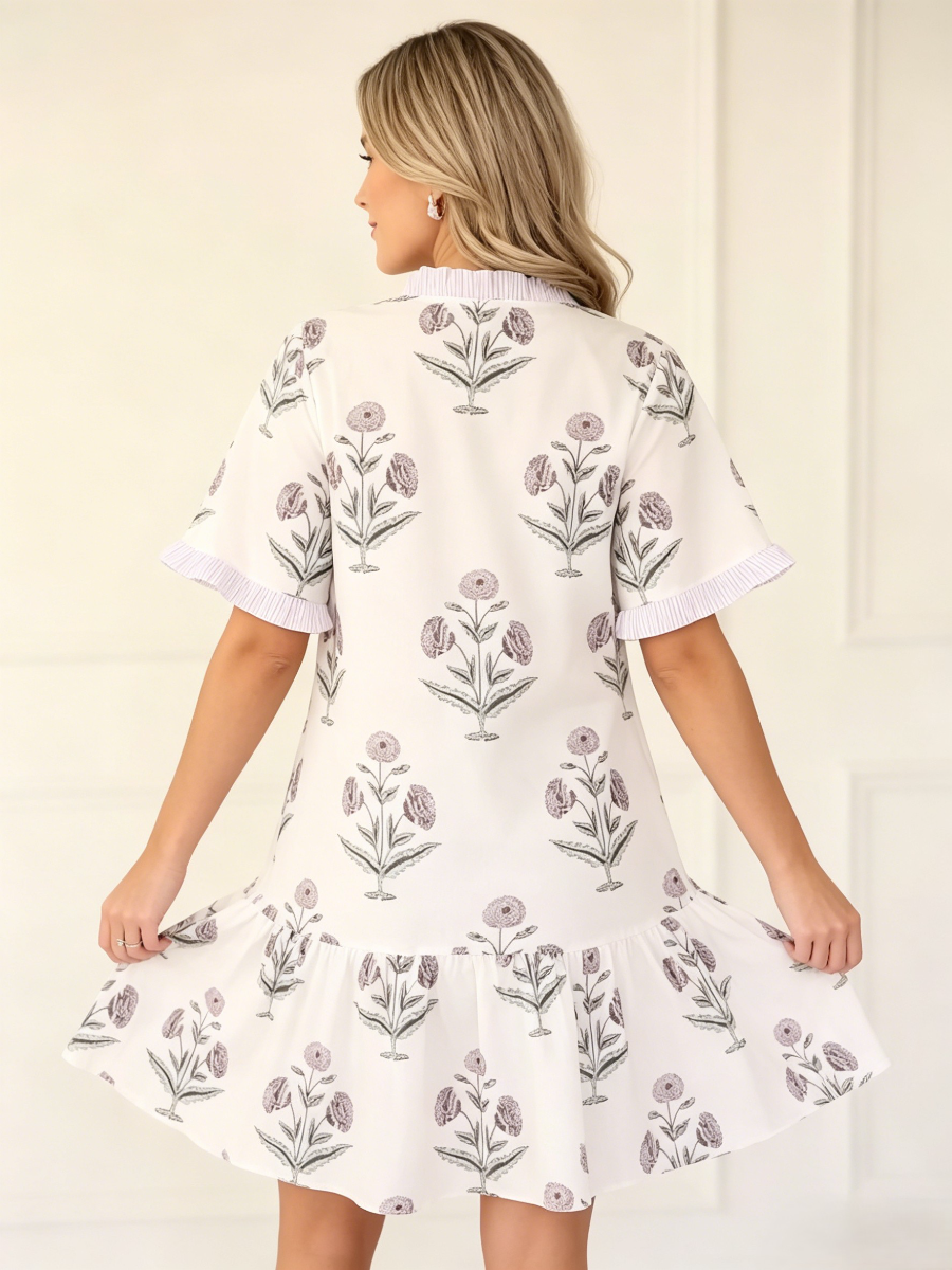 White Purple Floral Ruffle Trim Tiered Mini Dress