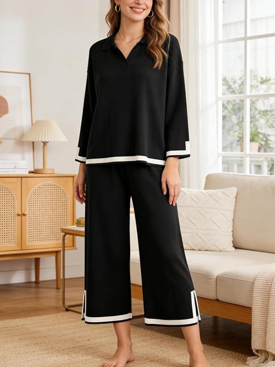 Black White Trim Knit 2 Piece Loungewear Set